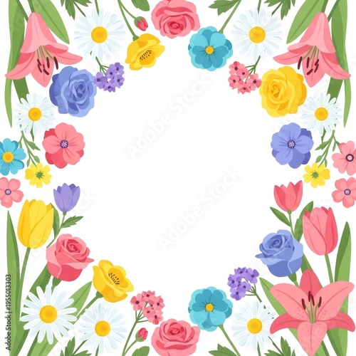 Colorful floral frame with various botanical elements for cosmetic design. Decorative border of blooming garden plant for organic beauty product branding and spring holiday invitation card.