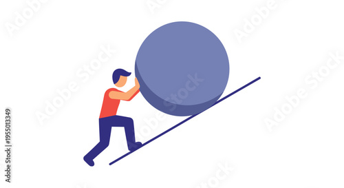 A cartoon man pushing a large ball up an inclined plane with effort and determination
