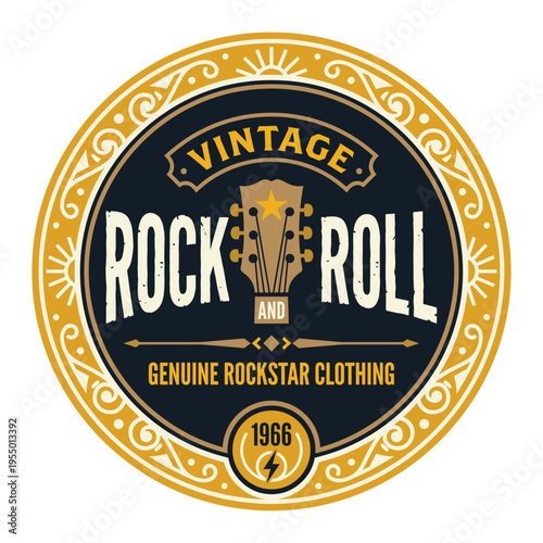 Vintage rock and roll clothing emblem with guitar