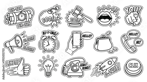 Comic sound effect stickers set in black and white line art vector
