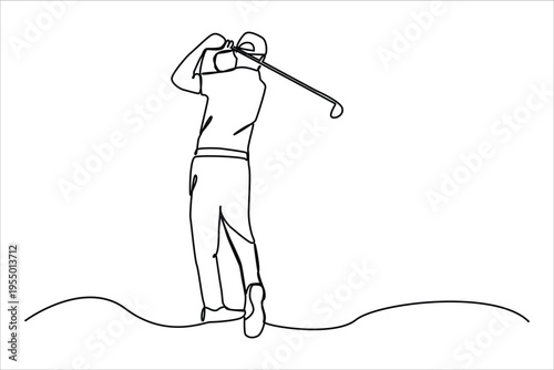 Continuous one  line drawing of young sporty golf player hit the ball using golf club graphic vector illustration. Healthy sport concept