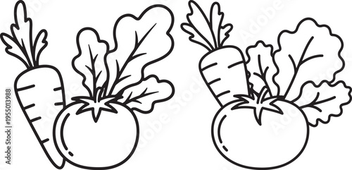 Line Art Icons of Fresh Vegetables: Tomato and Carrot with Leaves for Healthy Food and Agriculture Concepts with Black And White