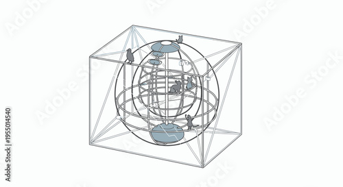 Abstract Architectural Structure with Human Figures Inside a Geometric Sphere