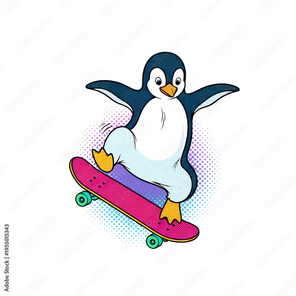 Fototapeta premium Cute Penguin Skateboarding Cartoon Illustration Fun Animal Character Design for Kids and Children s Animated Video Content