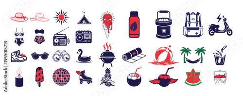 Summer Vacation and Tropical Beach Elements Minimalist Icon Set