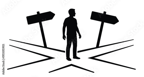 Man Standing at Crossroads Choosing Success Direction Silhouette