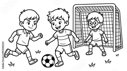 Three boys playing soccer at outdoor field with goalpost
