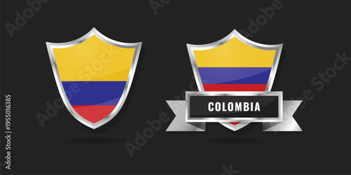 Glossy silver shield featuring the Republic of Colombia flag with a ribbon banner. High-quality vector art for South American national events, sports branding, and international themes.