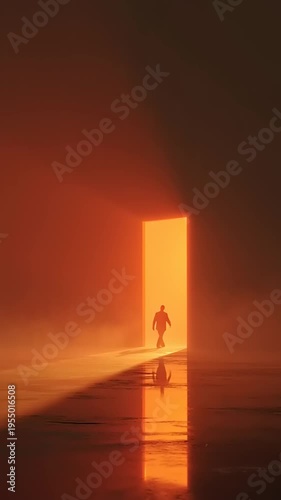 Man Walking Towards Bright Light Gateway in Misty Landscape
