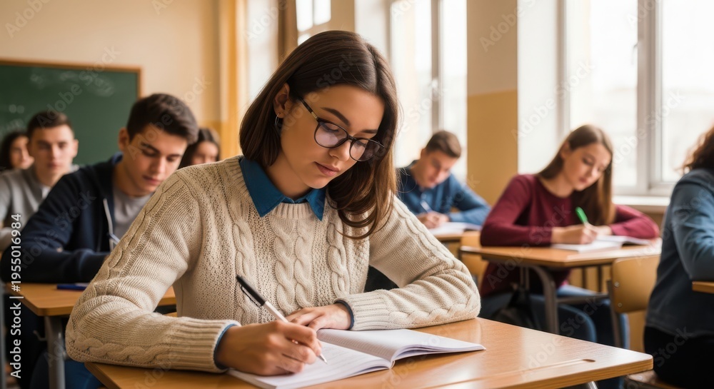 Fototapeta premium young woman with brown hair writing in classroom