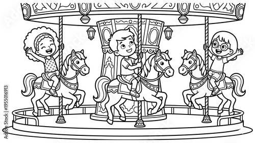 Happy kids riding carousel horses at amusement park fun fair