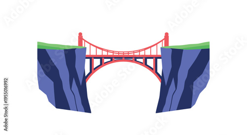 A vibrant red suspension bridge spanning a deep blue canyon with green grassy tops