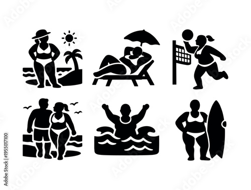 Six black silhouette icons of plus size people engaging in beach activities above the words body positive beach.