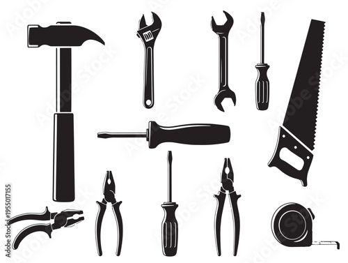 A collection of tools including a hammer and screwdrivers