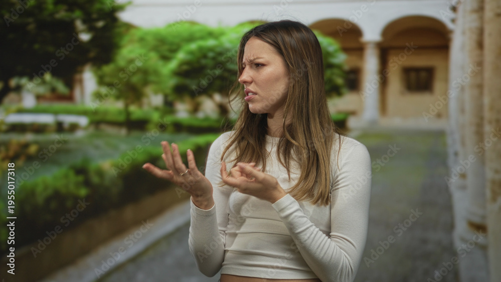Fototapeta premium Woman holding her thumb and gesturing with both hands while wearing a white long sleeve crop top in an old town building; frustration confusion.