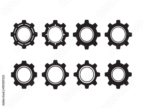 A group of eight identical gear icons in black