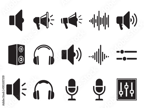 Black and white icons of various audio equipment