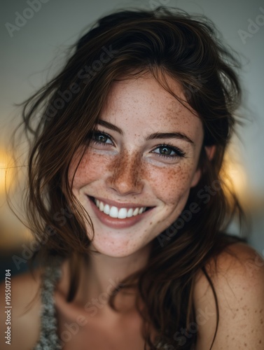 Woman Smiles Warmly in a Cozy Indoor Setting During a Casual Afternoon