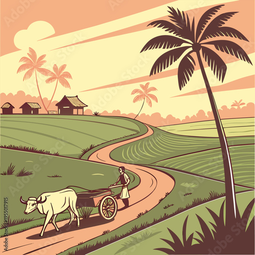 Traditional Ox Cart Traveling on Rural Village Path Illustration