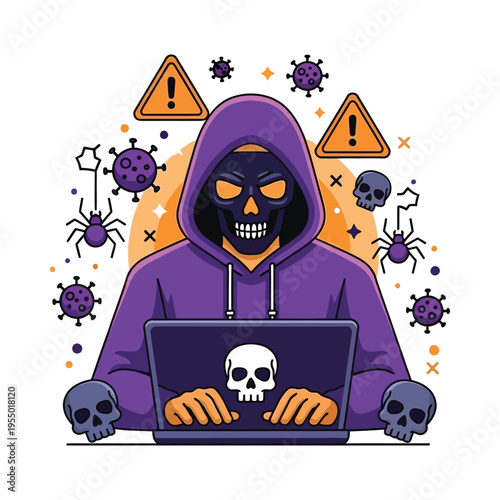 Sinister hacker spreading digital viruses with a creepy laptop setup.