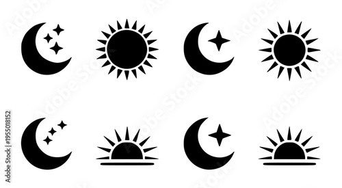 Set of 8 Sun and Moon Icons Vector Featuring Crescent Moon Stars Sunrise and Sunset Black Silhouette Weather Symbols