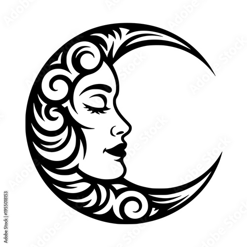 Crescent Moon with Woman Face Vector Illustration, Celestial Goddess Silhouette, Tribal Moon Tattoo Design Art