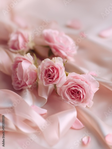 Flowers and Fabric Create a Soft Display of Pink Roses on a Light Background ...