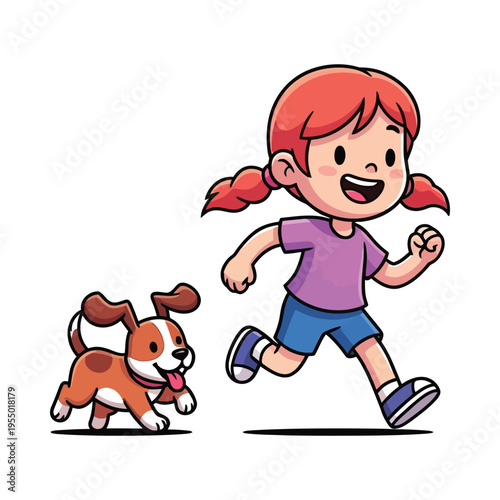 A cheerful girl joyfully running with her playful puppy companion outside.