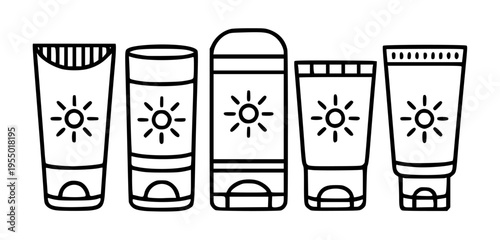 Set of 5 sunscreen icons vector illustration featuring sunblock tubes and bottles in black line art style on white
