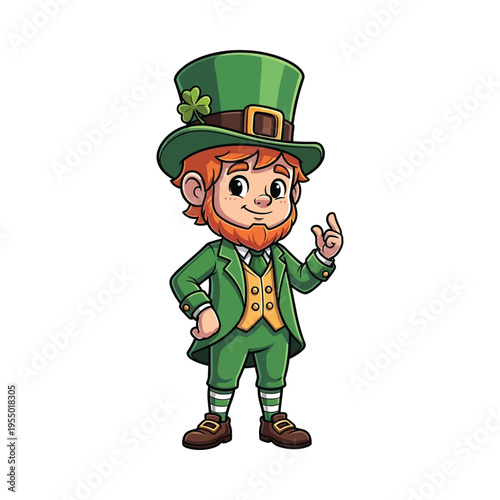 Cheerful leprechaun character giving a peace sign in festive attire
