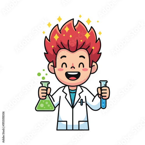 Joyful scientist conducting experiments with glowing flasks and sparks above his head