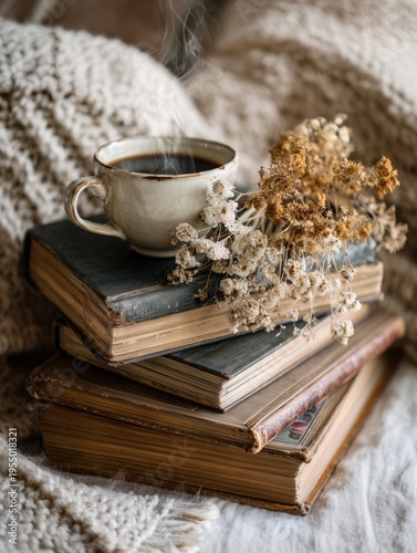 Warm Cup of Coffee Placed on Stacked Old Books With Dried Flowers Nearby
