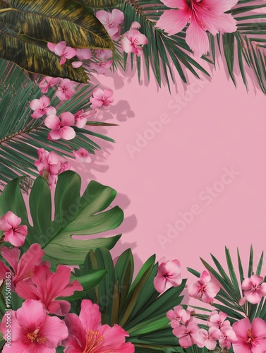 Tropical Flowers and Leaves Frame a Blank Space for Messages or Artwork in a Colorful Design