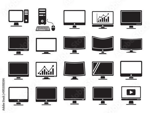 A collection of various computer monitors and desktop computers