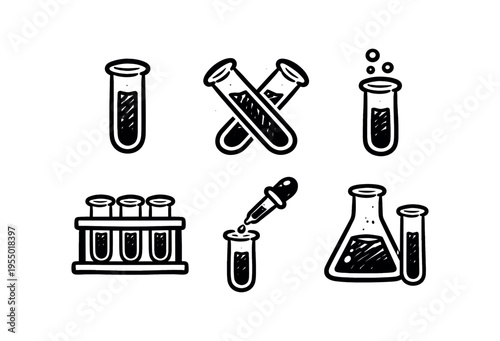 A collection of hand drawn outline laboratory icons including test tubes, flask, pipette and a test tube rack.