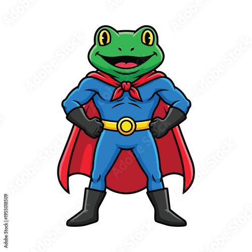 Superhero frog with cape and utility belt ready for action