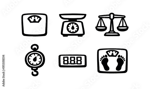 Six hand drawn style weighing and balance icons including scales, stopwatch and digital display.