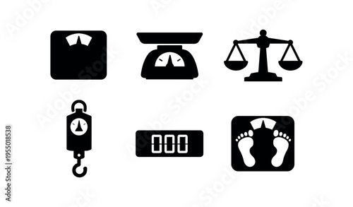 Six solid black silhouette icons of scales and weighing devices with digital and footprint variants.