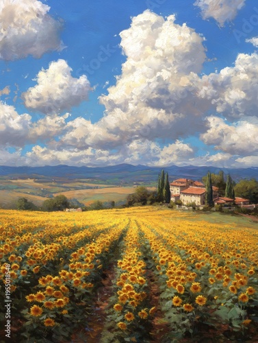 Sunflowers Bloom Under Blue Skies With Clouds in a Rural Landscape During Day...