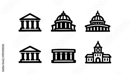 Six simple black outline civic building icons including banks courthouses and a clocktower.
