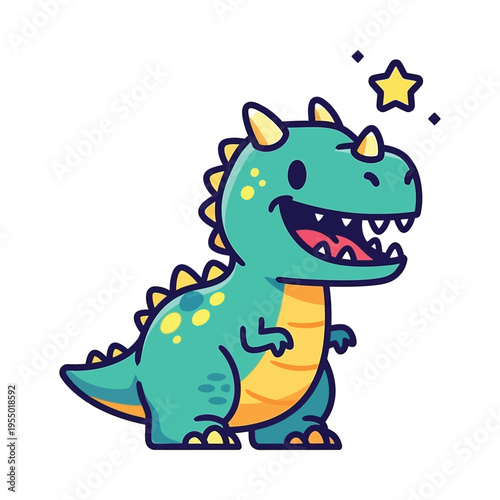 A cheerful cartoon dinosaur with a star floating above its head in a playful pose.