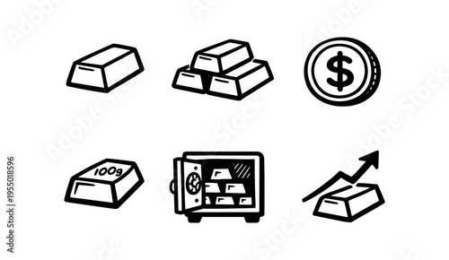 Six black outline gold and finance icons including single gold bar, stacked bars, coin, 100g bar, safe with bullion, and growth chart on bar.
