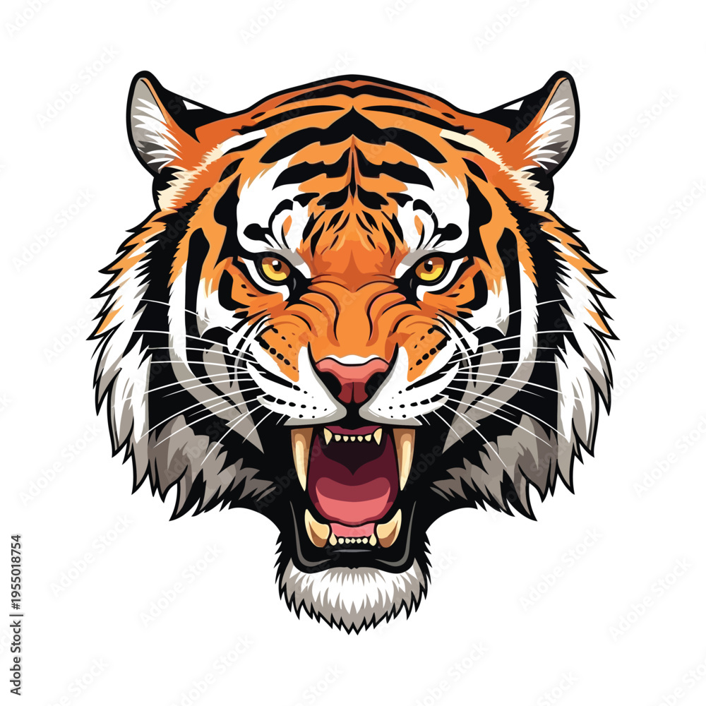 Fototapeta premium Fierce tiger head illustration with open mouth and striking orange and black stripes