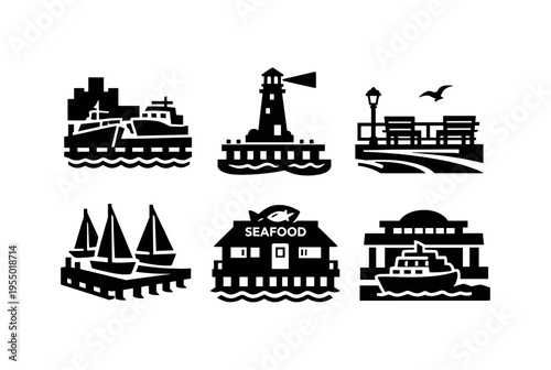 Six bold black icons represent a ferry, lighthouse, waterfront promenade, sailboats at a pier, seafood restaurant and cruise terminal marked waterfront district.
