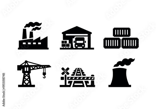 A set of solid black industrial icons including a factory, warehouse, containers, crane, railroad crossing and cooling tower with the caption industrial zone.