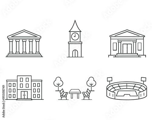Line style university icons showing a classical building, a clock tower, a library, a school building, picnic benches with trees and a stadium above the text university campus.