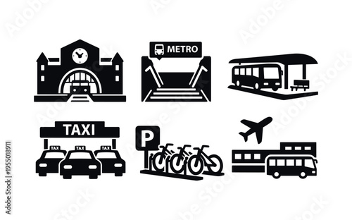 Solid black transport icons showing a train station, metro entrance, taxi rank, bike parking, bus and airport symbols.