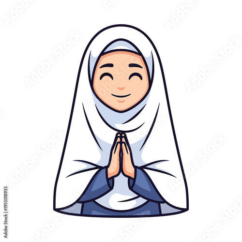 A cheerful woman in traditional attire performing a prayer gesture with hands clasped together.