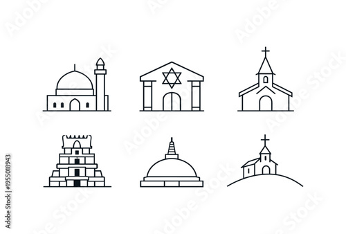Six thin line religious building icons showing a mosque, synagogue, church, temple and stupa with the caption religious quarter.