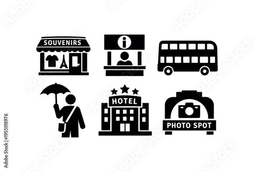 Six black silhouette tourist service icons including a souvenir shop, information desk, tour bus, guide, hotel and camera photo spot above the caption tourist district.
